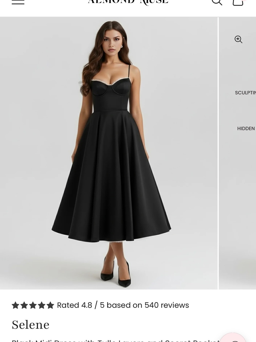 Almond Muse Selene Black Midi Fit-and-Flare Dress by